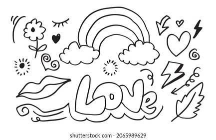 conjunto de doodle dibujado a mano sobre fondo blanco.