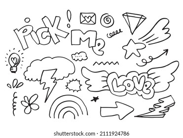 hand-drawn doodle set on white background.