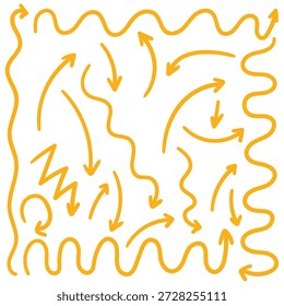 Hand-drawn doodle set of orange arrows isolated on a white background. Vector illustration.