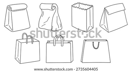 Hand-drawn doodle set of paper shopping bags isolated on a white background. Vector illustration.