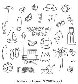 Conjunto de doodle desenhado à mão "modo de férias" com elementos de praia de verão brincalhão dispostos em torno das letras. A coleção apresenta palmeiras, mala, bagagem, maiôs e símbolos à beira-mar. Ilustração vetorial em preto e branco para cartões de férias, cartazes de viagem, gráficos de mídia social, adesivos, páginas de coloração, planejadores e projetos de impressão sob demanda