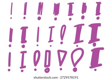 Handgezeichneter Doodle-Satz violetter Ausrufezeichen, einzeln auf weißem Hintergrund. Vektorgrafik.