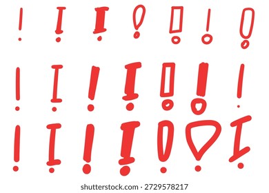 Handgezeichneter Doodle-Satz roter Ausrufezeichen, einzeln auf weißem Hintergrund. Vektorgrafik.