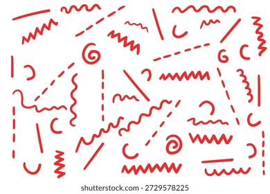 Conjunto de rabiscos desenhados à mão de linhas vermelhas isoladas em um fundo branco. Ilustração vetorial.