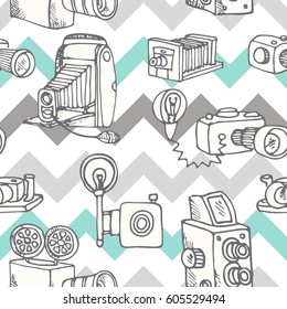 Hand-drawn doodle set of retro cameras