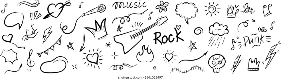 Hand-drawn doodle set with rock and punk themed elements including guitar, microphone, hearts, music notes, lightning bolts, and expressive icons in black and white sketch style.