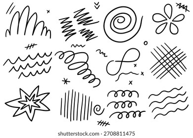 Conjunto de rabiscos desenhado à mão isolado em um fundo branco. Ilustração vetorial.
