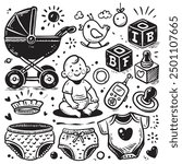 A hand-drawn doodle set showcasing baby gear including stroller pacifier monitor and a baby sitting on the floor perfect for white background for coloring book concept.
