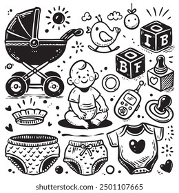 A hand-drawn doodle set showcasing baby gear including stroller pacifier monitor and a baby sitting on the floor perfect for white background for coloring book concept.