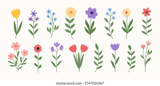 Hand-drawn doodle set of spring and summer abstract flowers with lush green leaves, floral botanical elements: for occasions: Mother's Day, Women's Day, Easter. Colorful drawing brush, crayon.Vector.
