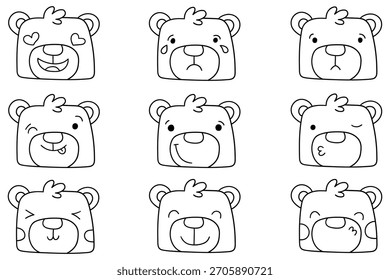 Hand-drawn doodle set of teddy bear emojis isolated on a white background. Vector illustration.