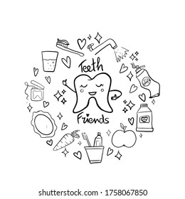 Hand-drawn doodle set of teeth friends: toothpaste, toothbrush, floss, water, apple, carrot,mirror, hearts, stars. Lettering, dental care. For dental offices, dentistry, kindergartens, schools. Vector