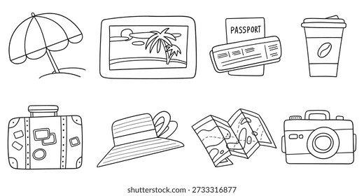 Hand-drawn doodle set of travel elements isolated on a white background. Umbrella, beach, passport and tickets, coffee cup, baggage, hat, map, photo camera. Vector illustration.