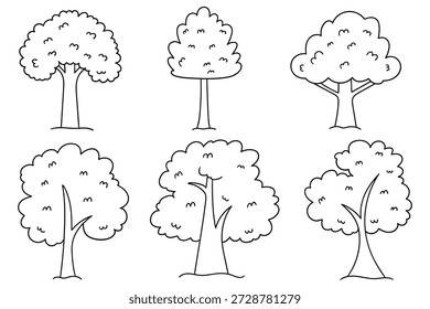 Hand-drawn doodle set of trees isolated on a white background. Vector illustration.