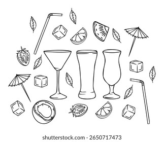 Hand-drawn doodle set of tropical summer drink elements, including cocktail glasses, straws, umbrellas, citrus slices, ice, mint and fruits. Perfect for coloring pages, menu design, or packaging
