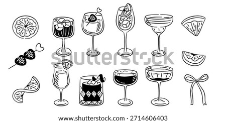 Hand-drawn doodle set of various cocktails in glasses with fruit slices, garnish, and bows. Vector illustration.