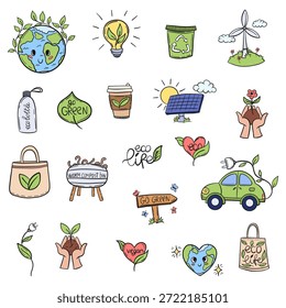 O doodle desenhado à mão define vários itens ecológicos, como caixa de compostagem, símbolos de energia renovável, produtos reutilizáveis e elementos inspirados na natureza sobre fundo branco