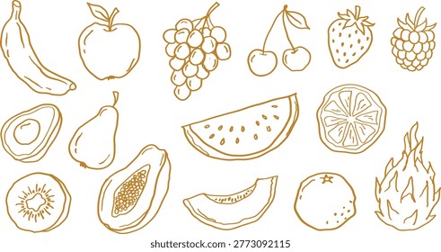 Hand-drawn doodle set of various fruits including banana, apple, grapes, cherry, strawberry, raspberry, avocado, pear, and melon