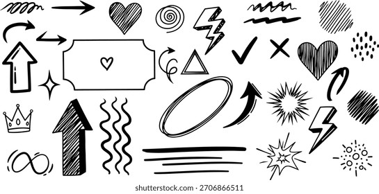 Conjunto de rabiscos desenhados à mão de várias formas, setas, corações, linhas e símbolos. Ilustração vetorial em preto e branco para elementos de design e projetos criativos.