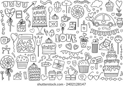 Hand-Drawn Doodle Set In Vector, Featuring A Stress-Relief Coloring Page For Valentine'S Day With Hearts, Candies, And Sweets For February 14, Is A Cute Coloring Book