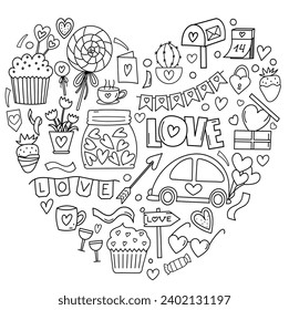 Hand-Drawn Doodle Set In Vector Form Shaped Like A Heart, Is A Stress-Relief Coloring Page For Valentine'S Day, Featuring Hearts, Candies, And Sweets For February 14Th In A Cute Coloring Book