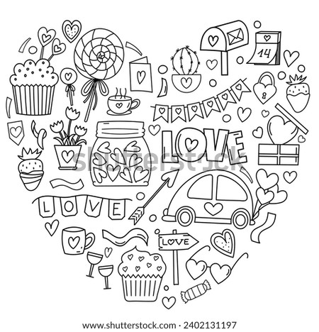 Hand-Drawn Doodle Set In Vector Form Shaped Like A Heart, Is A Stress-Relief Coloring Page For Valentine'S Day, Featuring Hearts, Candies, And Sweets For February 14Th In A Cute Coloring Book