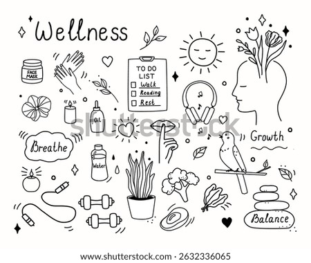 Hand-drawn doodle set with wellness icons: plants, skincare, fitness, healthy eating, sports, lettering, mindfulness elements. For planners, apps, health lifestyle blogs, stickers, self-care branding