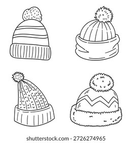 Conjunto de rabiscos desenhados à mão de chapéus de inverno isolados em um fundo branco. Ilustração vetorial.