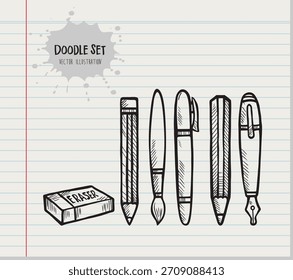 Handgezeichnetes Doodle-Set von Schreib- und Zeichentools