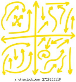 Hand-drawn doodle set of yellow arrows isolated on a white background. Vector illustration.