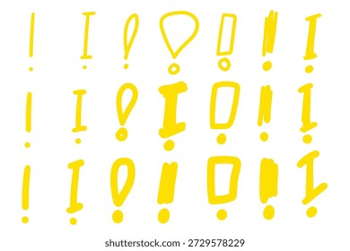 Handgezeichneter Doodle-Satz gelber Ausrufezeichen, einzeln auf weißem Hintergrund. Vektorgrafik.