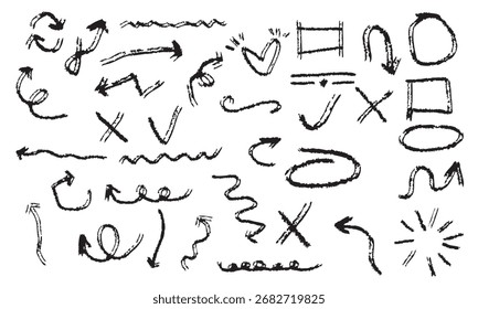 Desenho desenhado à mão Esboço setas e quadros, Giz rabiscar divisor de seta e círculo