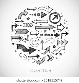 Setas de esboço desenhadas à mão em vários estilos dispostos em um padrão circular sobre fundo branco.