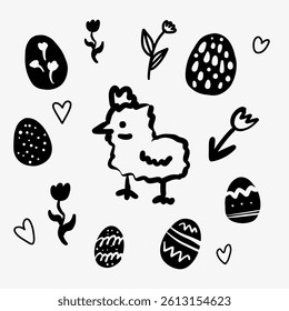 Hand-drawn doodle sketch of a chick surrounded by Easter elements like eggs, branches, and leaves. A charming springtime illustration perfect for Easter-themed designs, menus, and holiday branding.
