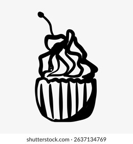 Hand-drawn doodle sketch of a cupcake topped with cream and fresh fruits. A sweet dessert illustration perfect for bakery logos, food design, menus, and sweet treat branding with a creative touch