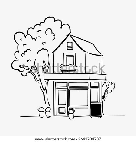 Hand-drawn doodle sketch of a cute little grocery store. A charming and creative illustration, perfect for food shop branding, store design 