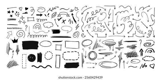 Hand-drawn doodle sketch elements with arrows, shapes, and symbols