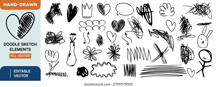 Elementos dibujados a mano del bosquejo del garabato, corazones, flores, garabatos y arte lúdico de la línea