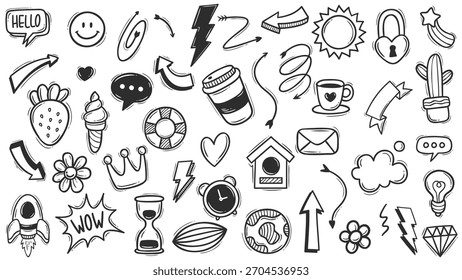 Handgezeichnetes Doodle- und Skizzenelementset - Vektorgrafiken mit Schriftzeichen, Unterstrichen, Strichen und Kreide- oder Markierungszeichnungen.