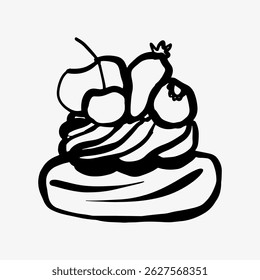 Esboço de doodle desenhado à mão de uma massa de fruto em preto e branco. Uma ilustração detalhada de uma deliciosa sobremesa com recheio de frutas frescas, perfeito para menus de padaria, design de alimentos
