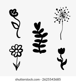 Hand-drawn doodle sketch set of five flowers in black and white. A simple and elegant illustration, perfect for botanical designs, nature-inspired branding, decoration, and creative projects.