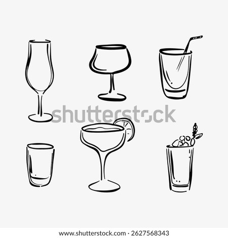 Hand-drawn doodle sketch set of six glasses for different cocktails, including martini, whiskey, gin, margarita, mojito, and rum. Perfect for bar menus, cocktail branding, and alcohol-related designs.