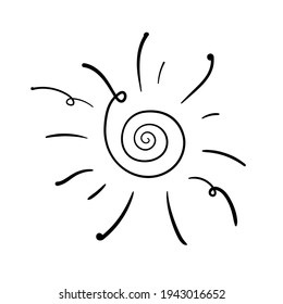 Hand-drawn, doodle sketch of the sun with swirls. Outline, contour graphics in black on a white background. Simple vector design element, stylized object. For card, sticker, poster, print, pajamas