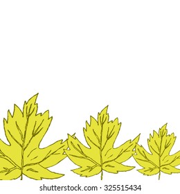 Hand-drawn doodle sketch. Three yellow autumn maple leaves peek out from the bottom, forming a place for the text. All isolated.