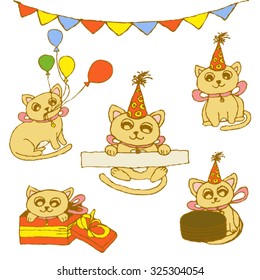 Hand-drawn doodle sketch. Vector set of funny cats with balloons, festive hats, gifts, cakes and decorations, congratulating happy Birthday. All isolated.