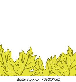 Hand-drawn doodle sketch. Yellow autumn maple leaves peek out from the bottom, forming a place for the text. All isolated.