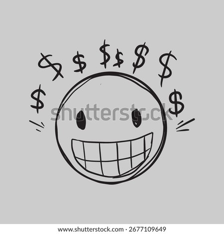 A hand-drawn doodle of a smiling face with a wide, toothy grin, surrounded by floating dollar signs on a gray background.