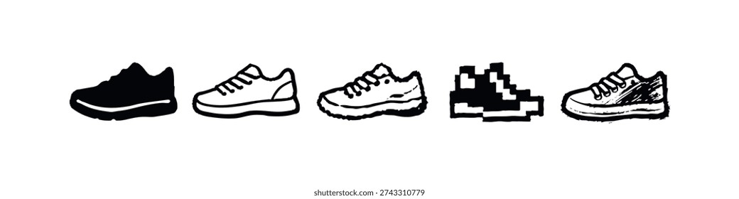 Hand-drawn doodle sneaker icons set. Sport shoe symbols in various artistic styles, black and white.