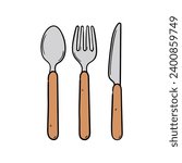 A hand-drawn doodle of a spoon, fork and knife isolated on a white background. Vector illustration.