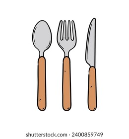 A hand-drawn doodle of a spoon, fork and knife isolated on a white background. Vector illustration.